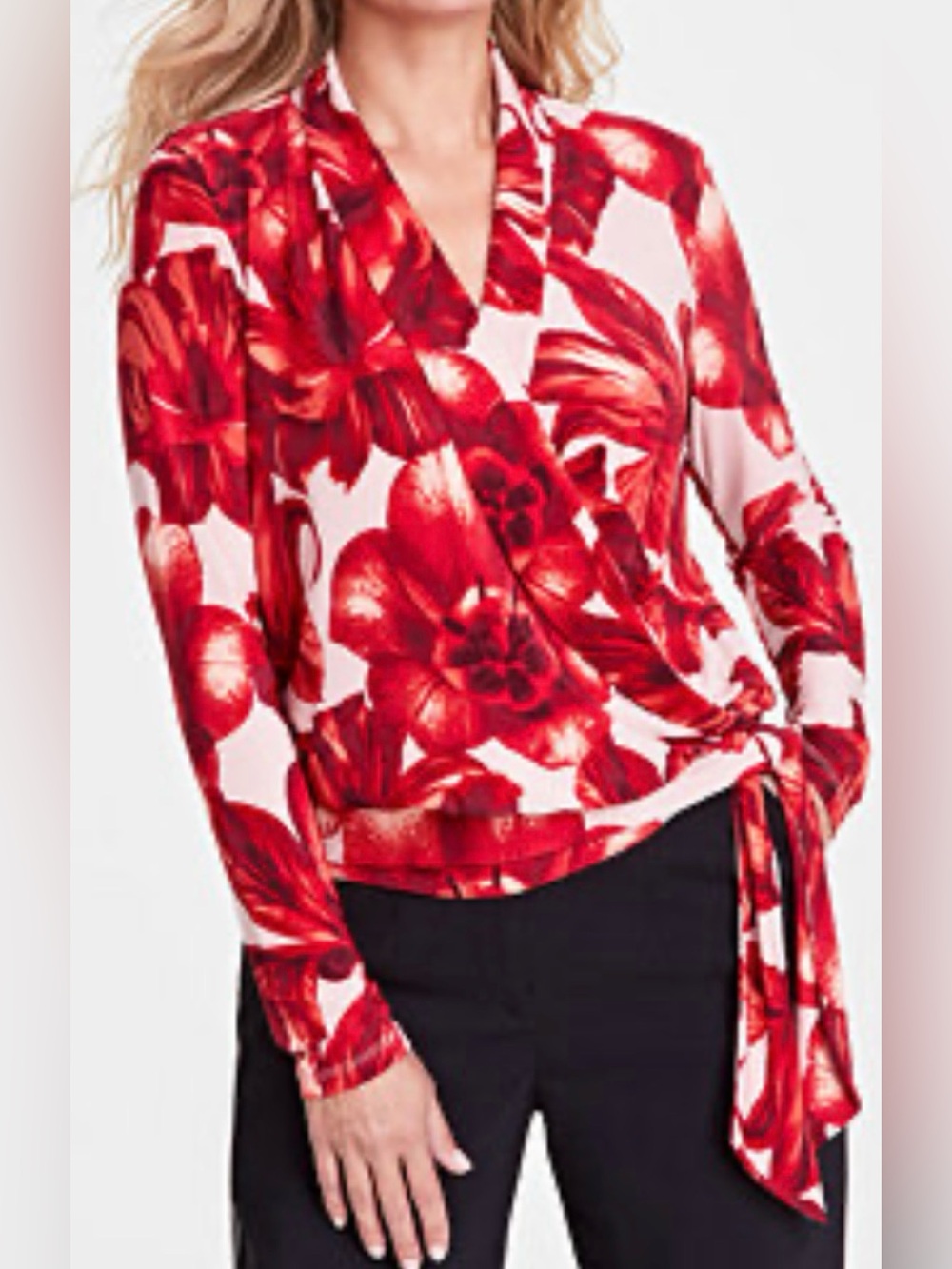 INC Women’s Tropical Floral Top Faux Wrap Stretch Knit Burgundy Pink NWT Size M